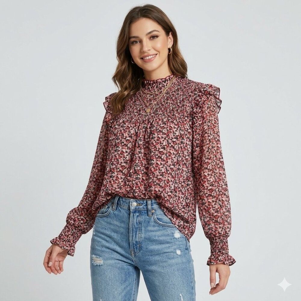 Charming Ditsy Floral Smocked Ruffle High-Neck Blouse - Long Sleeve Cottagecore